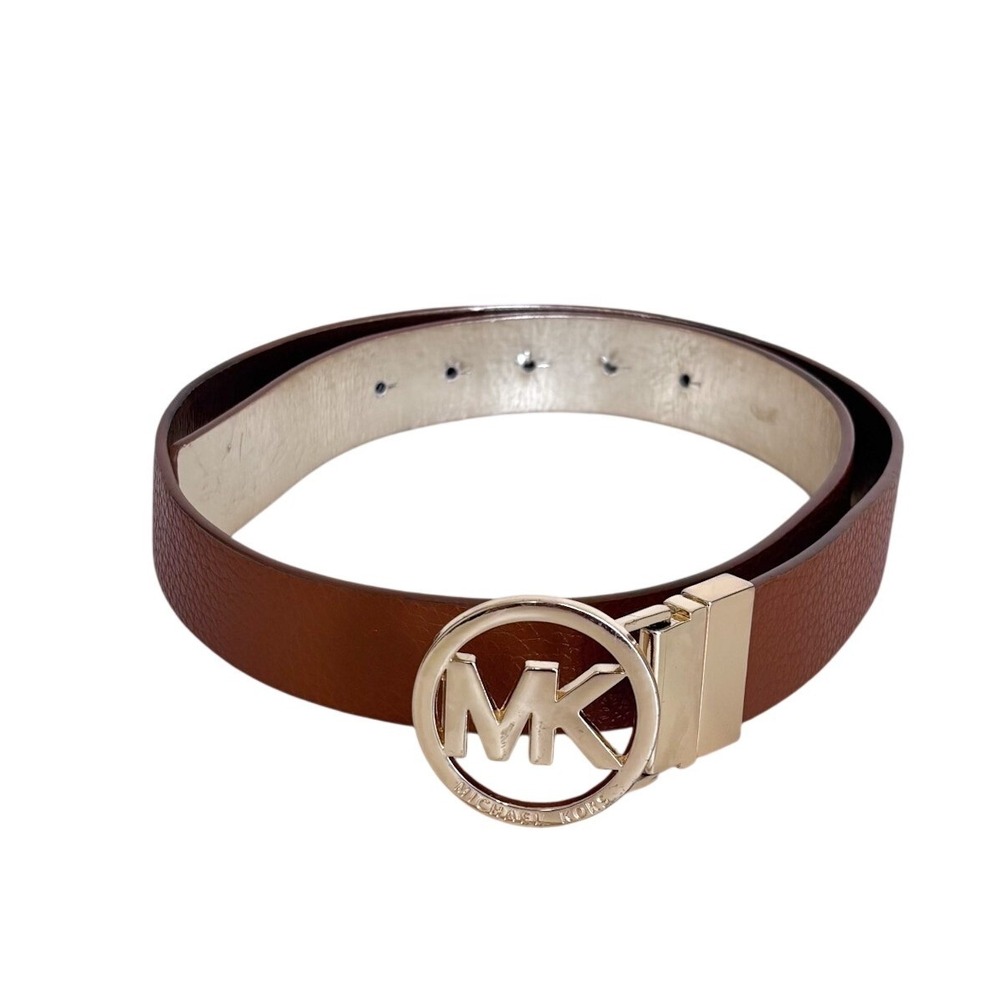 Michael Kors Womens‎ Reversible Logo Buckle Belt Medium Brown Gold MK Leather